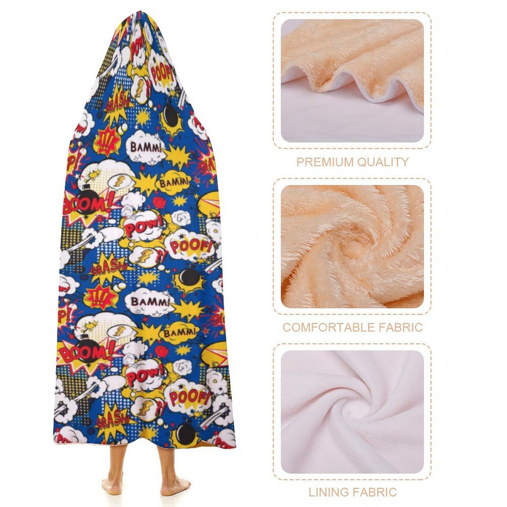 Comic Book Blue Kids Hooded Blanket 100cm x 130cm Kids Hooded Blanket comic Printed Offshore