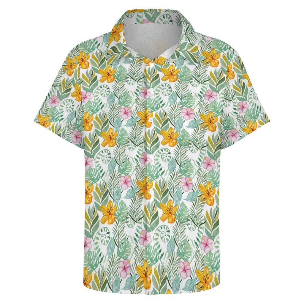 Tropical Flowers And Leaves Women's Short-Sleeve Button Up Shirt Women's Short-Sleeve Button Up Shirt Plants Printed Offshore