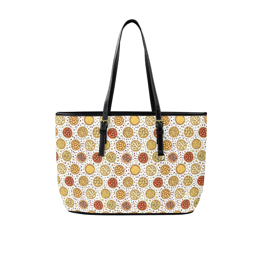 Round Pizzas On White PU Leather Tote Bag Large One Size Leather Tote Bag-Large Food Printed Offshore