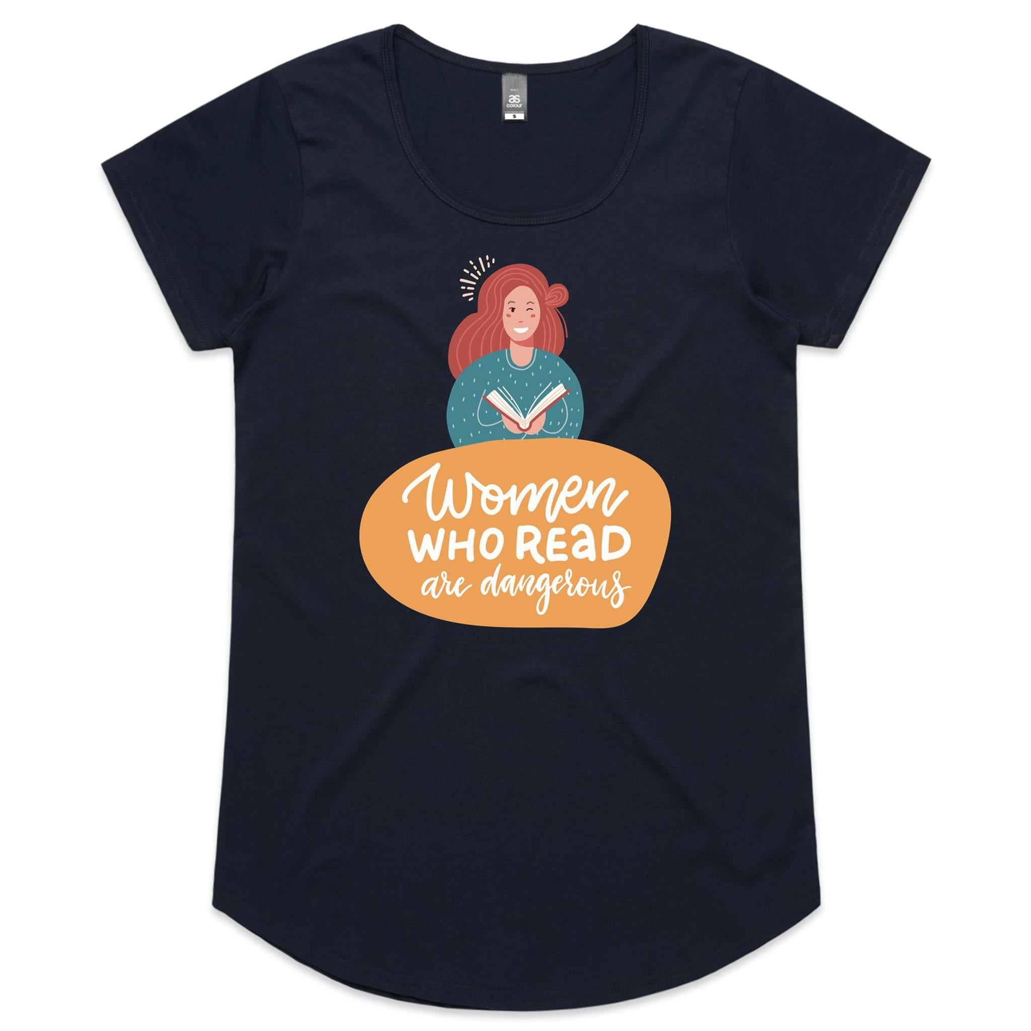 Women Who Read Are Dangerous - Womens Scoop Neck T-Shirt Navy Womens Scoop Neck T-shirt Printed In Australia Reading
