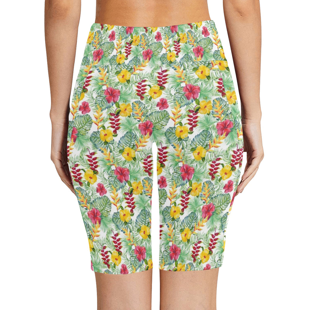 Tropical Flowers On White Women's Bike Shorts With Side Pockets