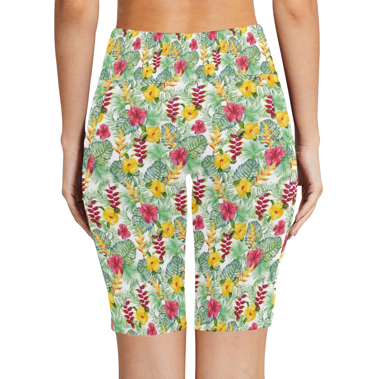 Tropical Flowers On White Women's Bike Shorts With Side Pockets