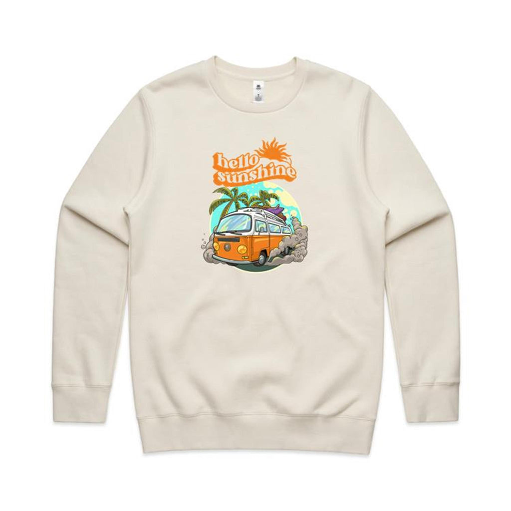 Hello Sunshine, Beach Van - AS Colour Stencil Crew Sweatshirt Ecru Sweatshirt Printed In Australia Summer
