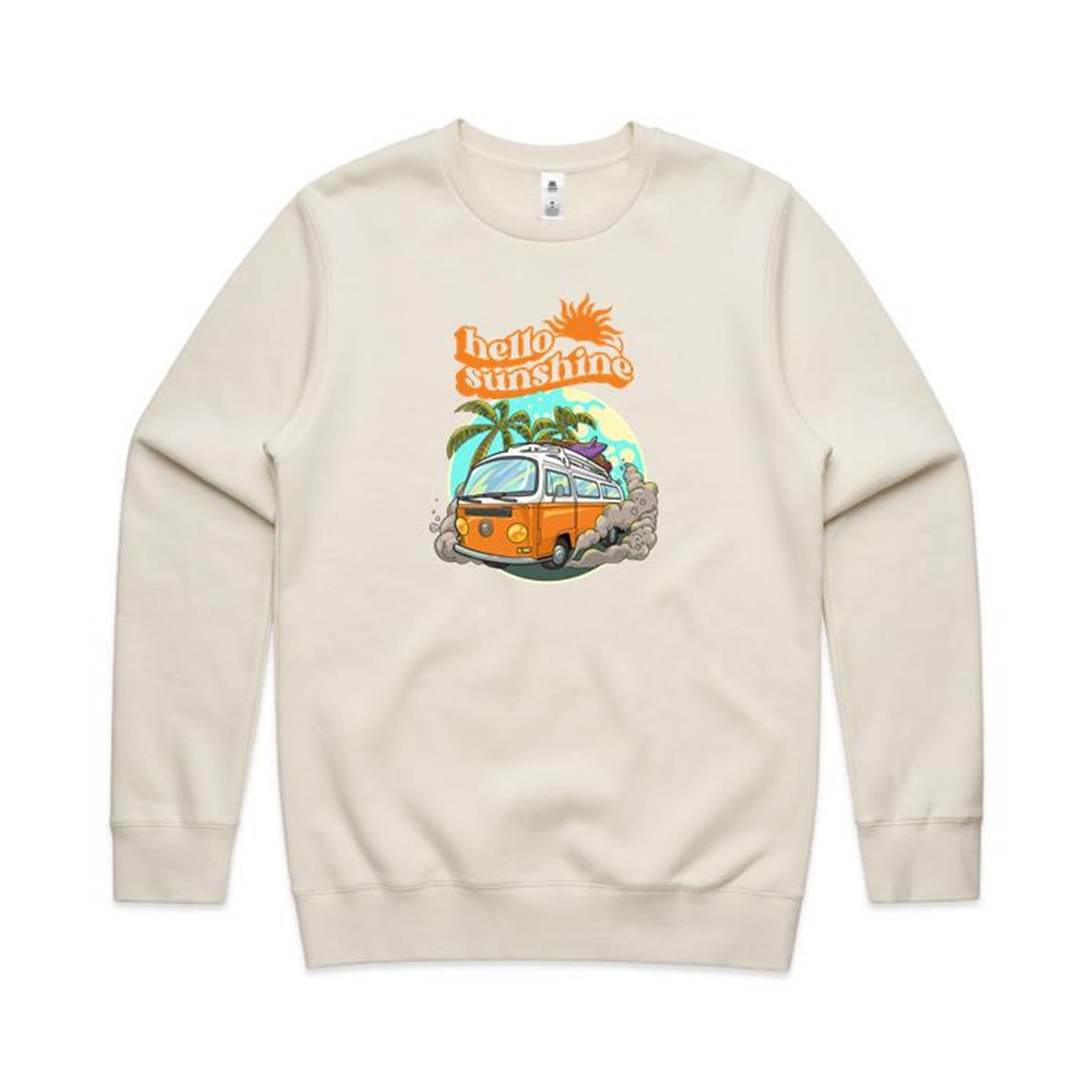 Hello Sunshine, Beach Van - AS Colour Stencil Crew Sweatshirt Ecru Sweatshirt Printed In Australia Summer