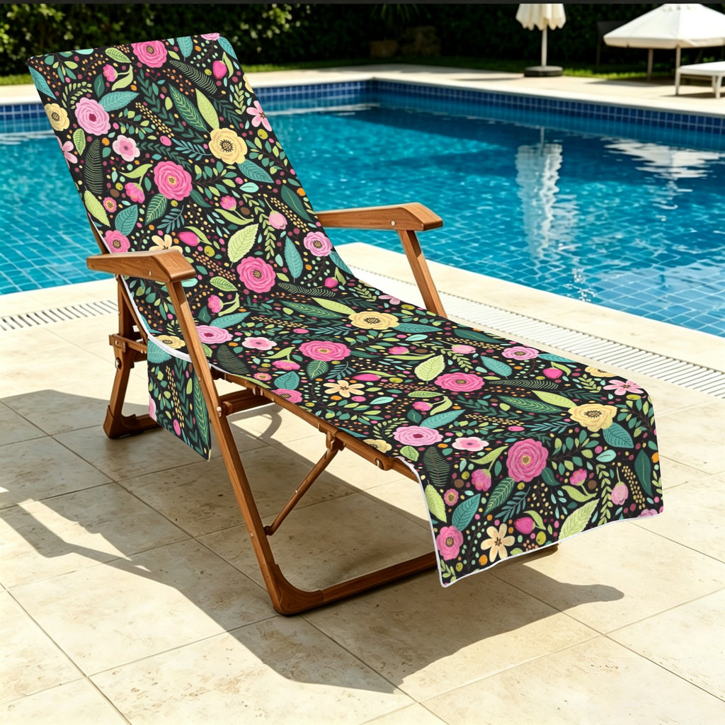 Bright Floral And Leaves Beach Chair Towel Cover with Side Pockets