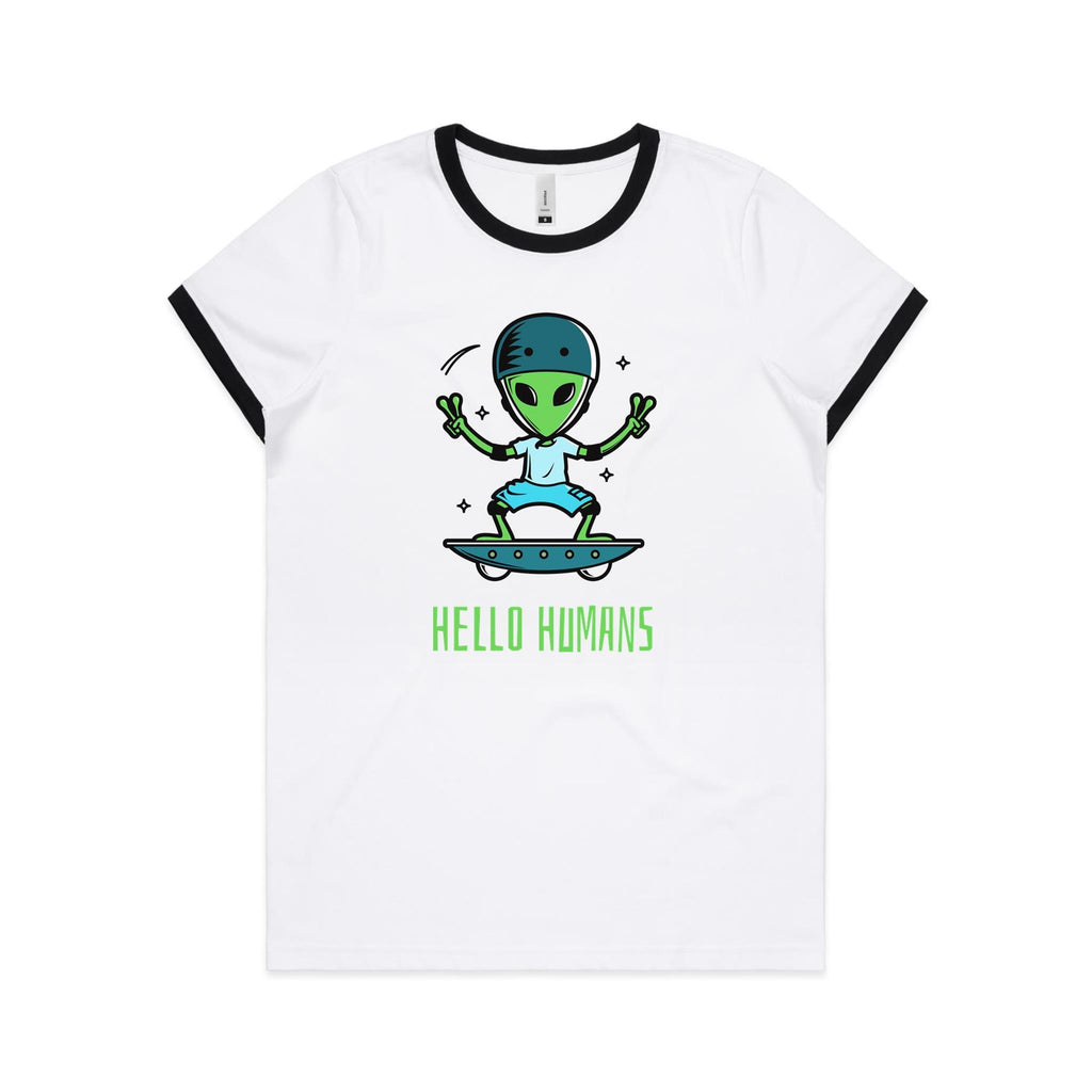 Hello Humans, Alien Skate Women's AS Colour Ringer Tee White Black Womens Ringer T-shirt Printed In Australia Sci Fi