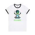 Hello Humans, Alien Skate Women's AS Colour Ringer Tee White Black Womens Ringer T-shirt Printed In Australia Sci Fi