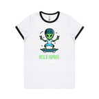 Hello Humans, Alien Skate Women's AS Colour Ringer Tee White Black Womens Ringer T-shirt Printed In Australia Sci Fi
