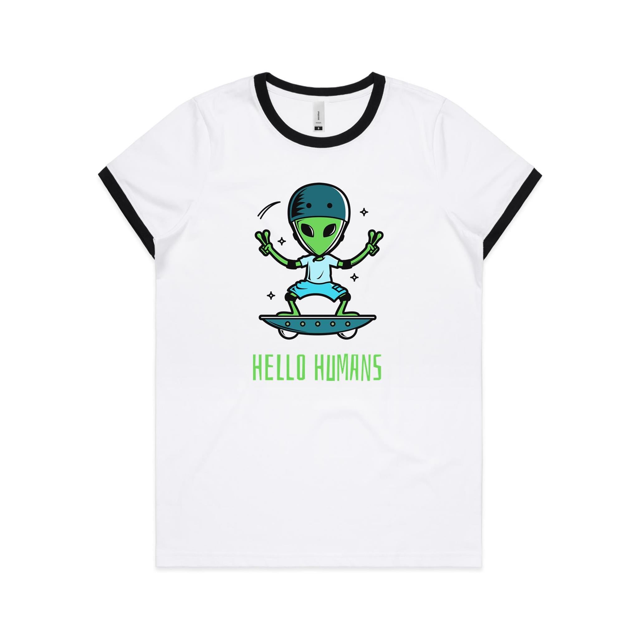 Hello Humans, Alien Skate - Women's Ringer Tee White Black Womens Ringer T-shirt Printed In Australia Sci Fi