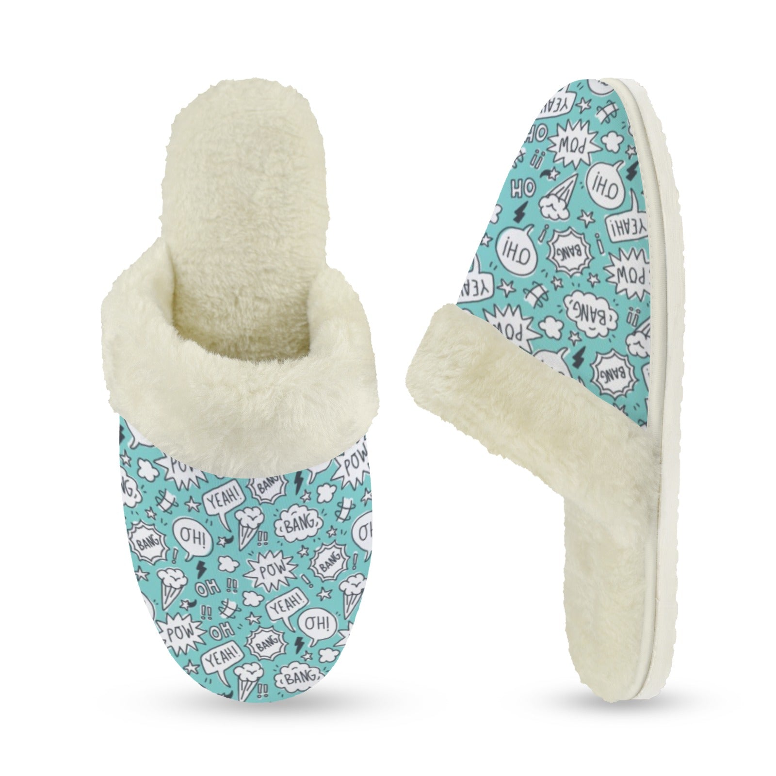 Comic Book Speech Bubbles Women's Fur Trim Thick-Sole Indoor Slippers Women's Fur Trimmed Slippers comic Printed Offshore