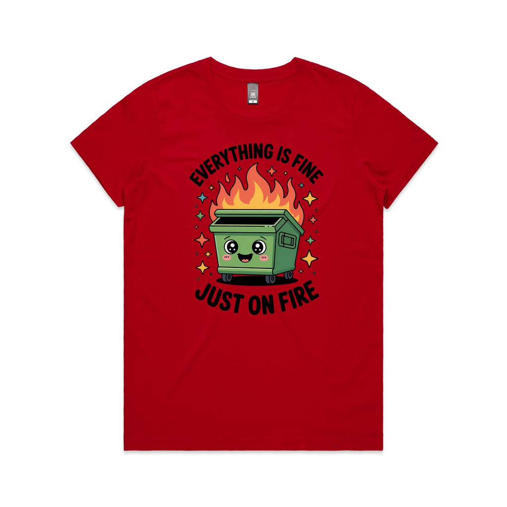Skip Bin, Dumpster Fire Women's AS Colour T-shirt Red Womens T-shirt Printed In Australia