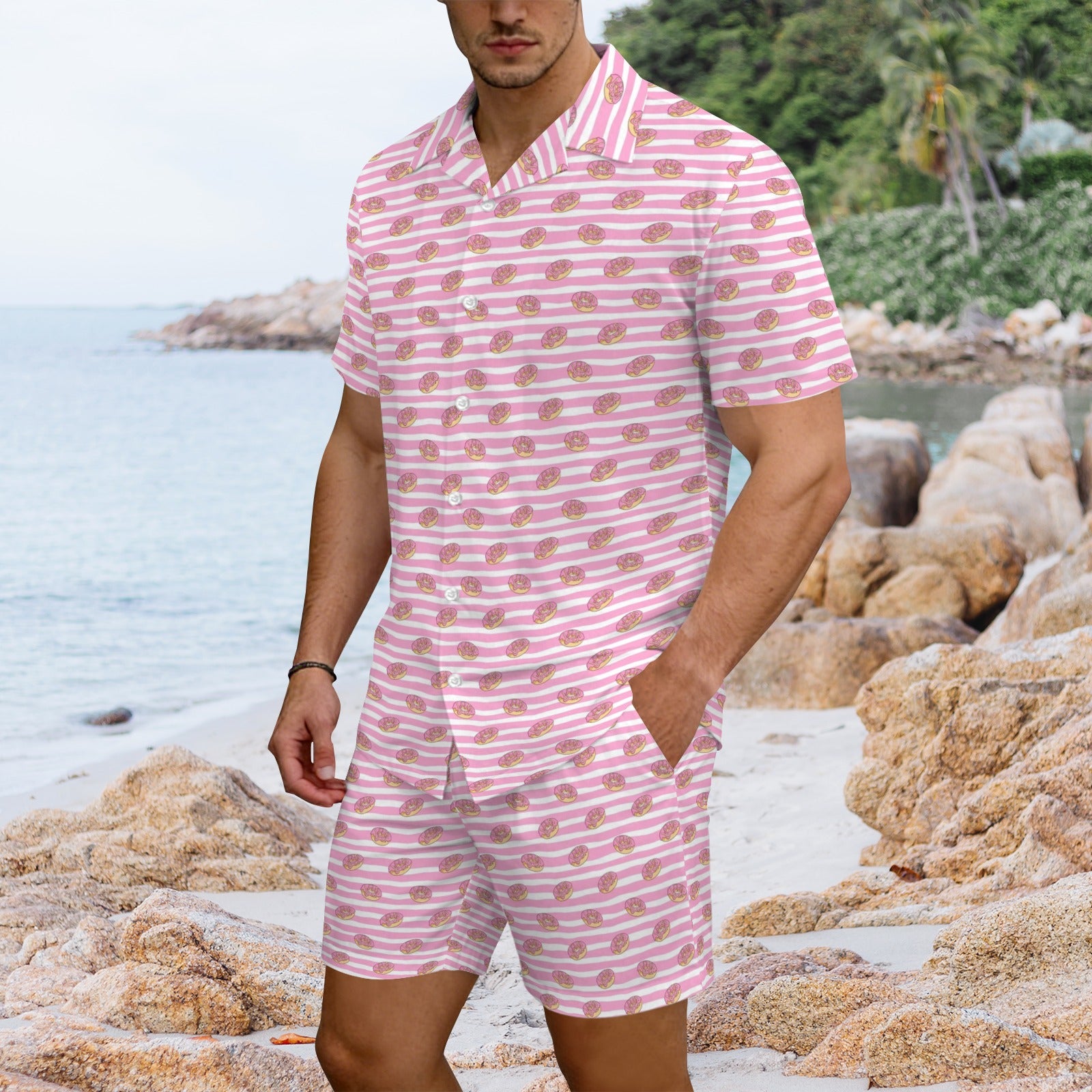 Pink Donut Stripes Men's Hawaiian Shirt & Shorts Set Men's Hawaiian Shirt & Shorts Set Food Printed Offshore