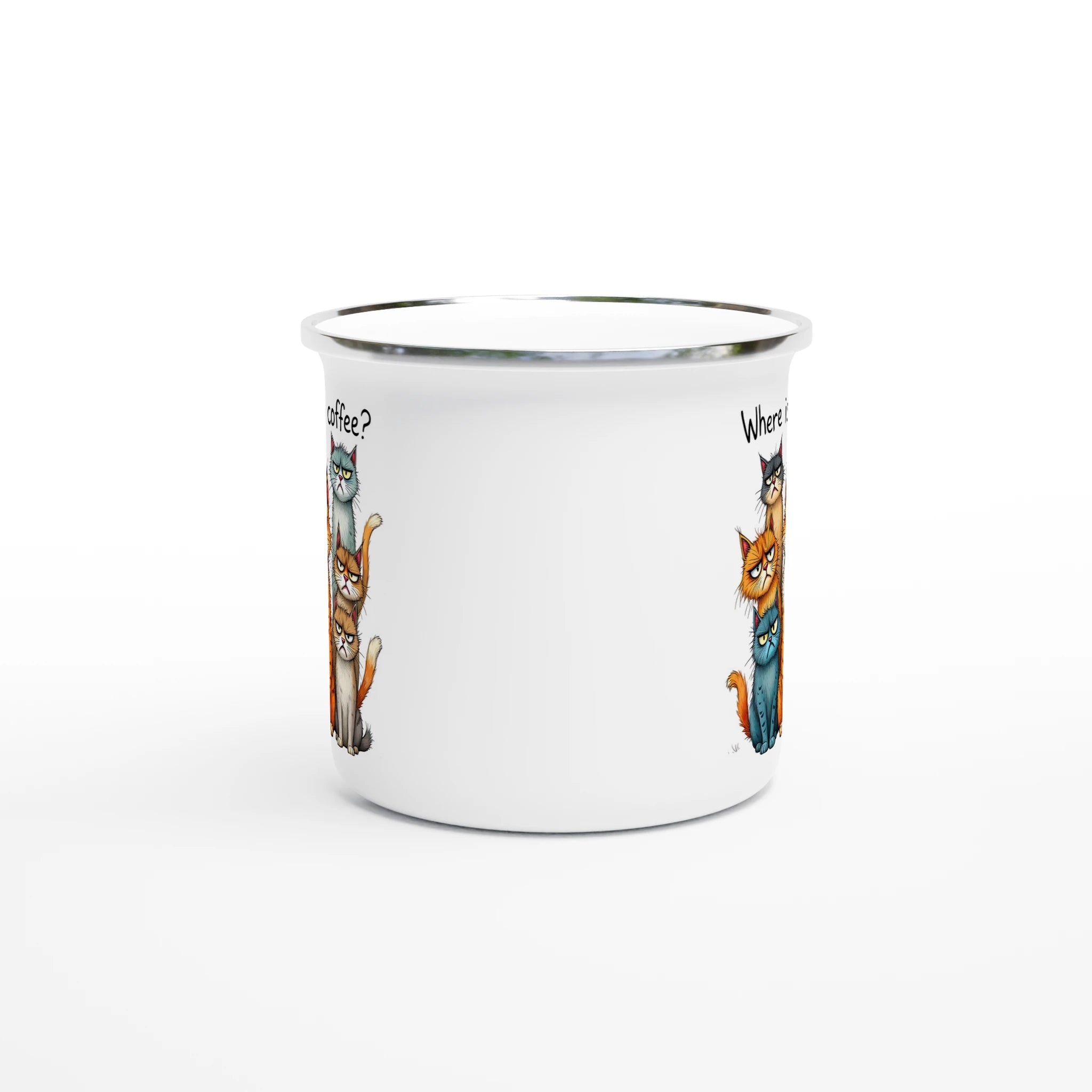 Where Is My Coffee, Cranky Cats - White 12oz Enamel Mug Enamel Mug animal Coffee Globally Fulfilled