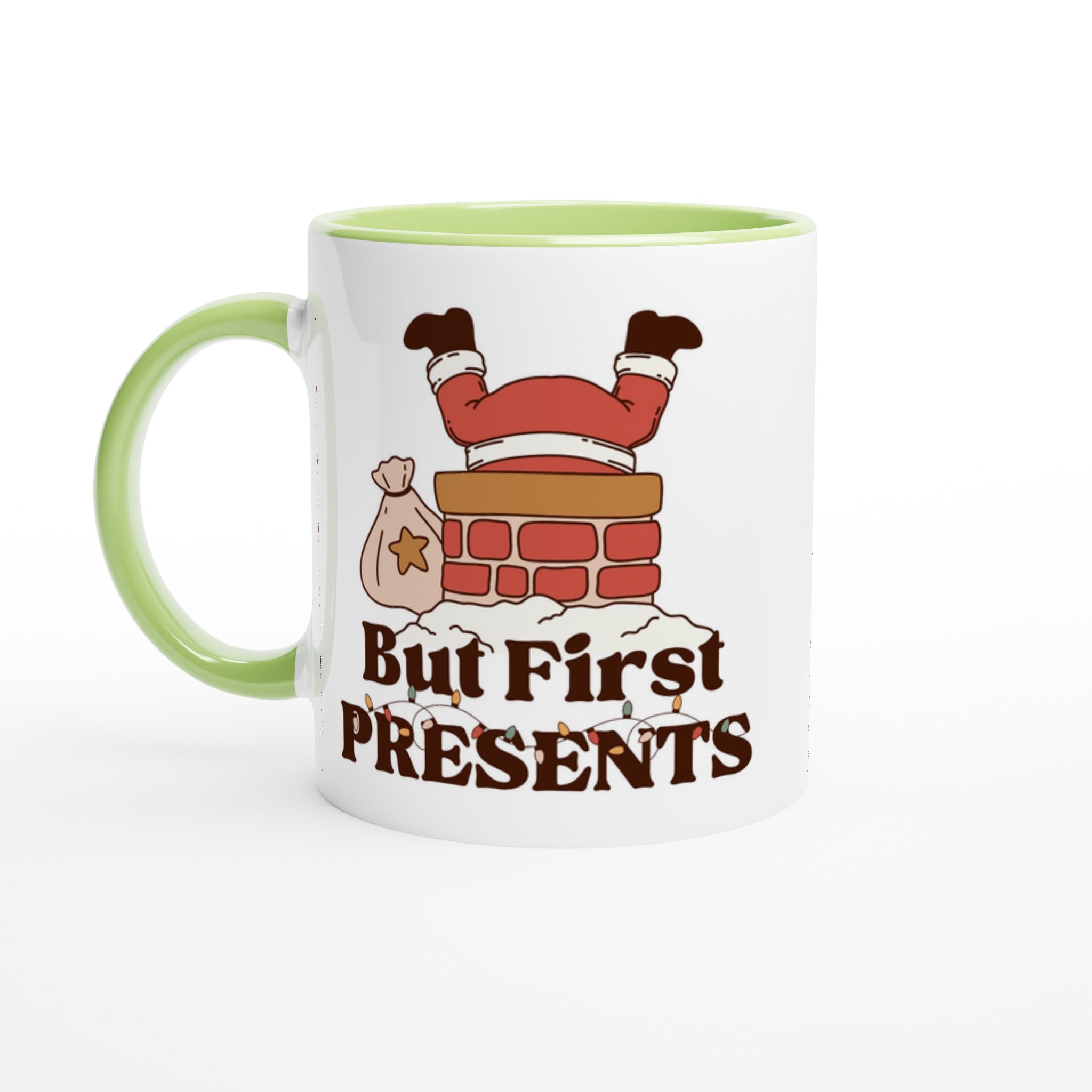 But First Presents, Santa In Chimney - 11oz Ceramic Mug Ceramic Green Christmas Colour Mug Christmas Globally Fulfilled
