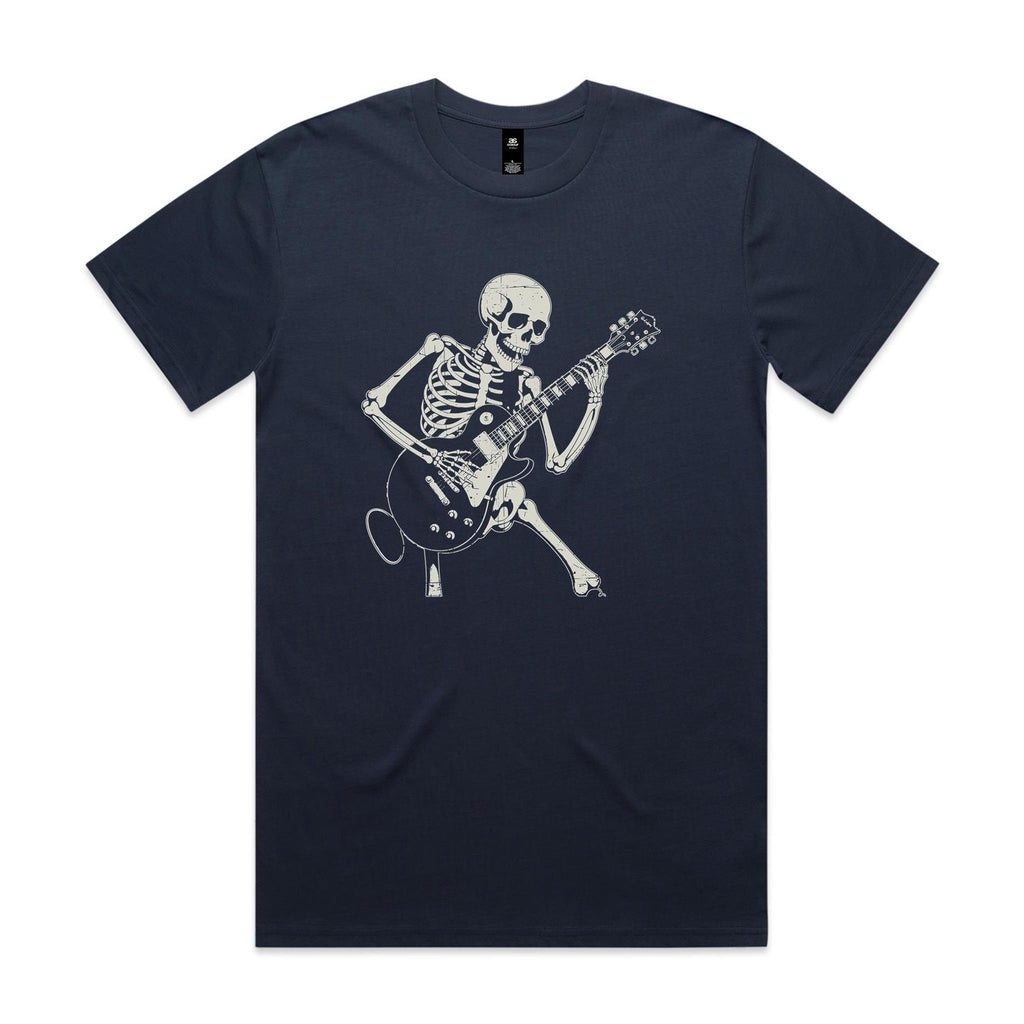 Skeleton Playing Guitar Men's AS Colour T-shirt Midnight Blue Mens T-shirt Music Printed In Australia