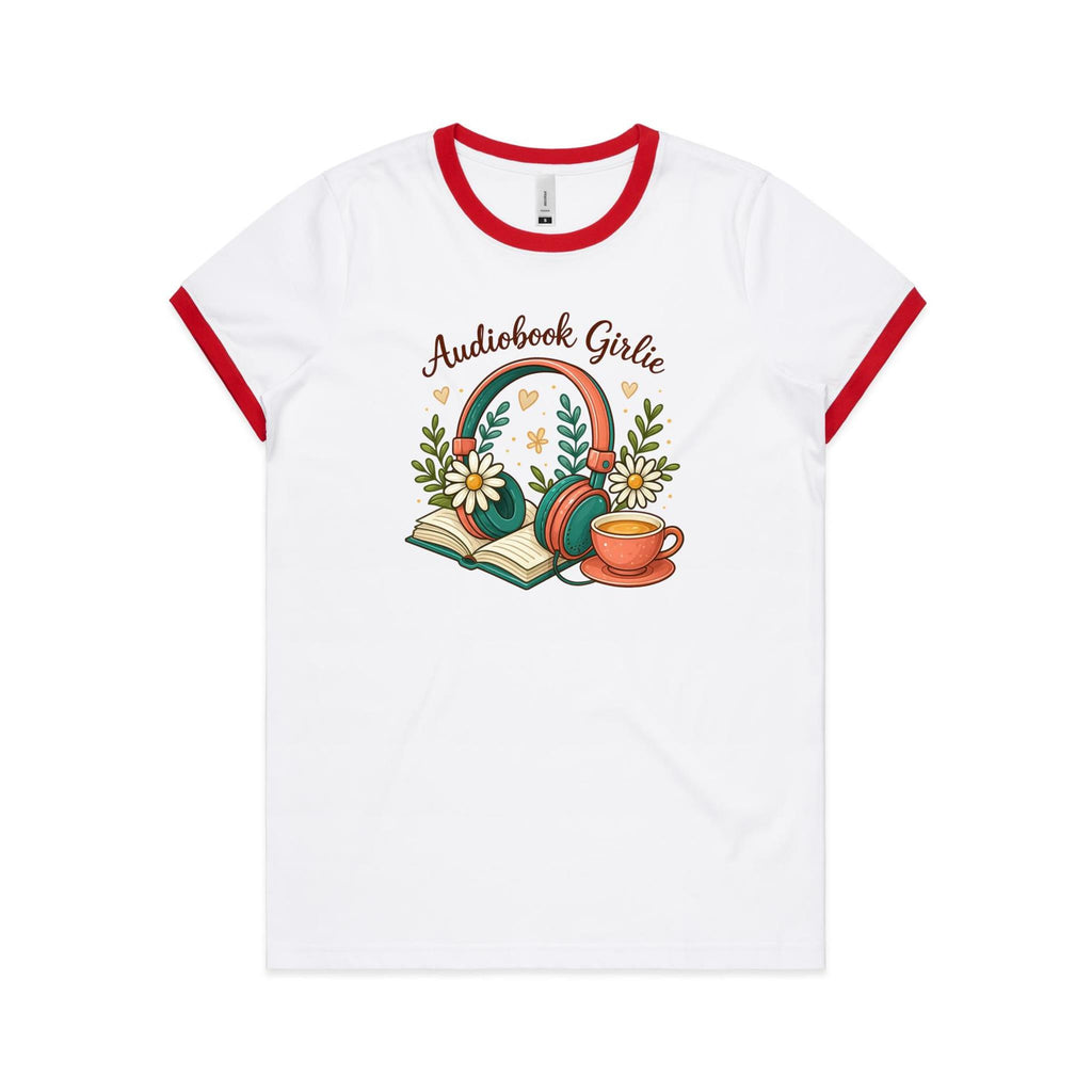Audiobook Girlie - AS Colour Women's Ringer Tee White Red Womens Ringer T-shirt Printed In Australia Reading