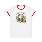 Audiobook Girlie - AS Colour Women's Ringer Tee White Red Womens Ringer T-shirt Printed In Australia Reading