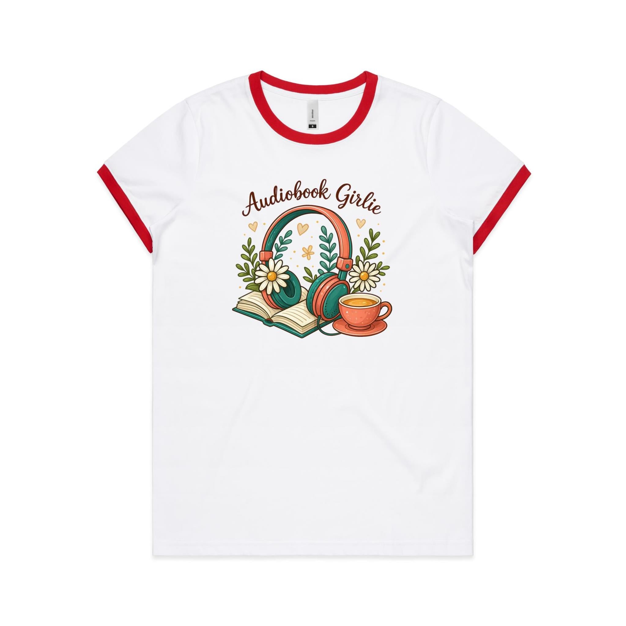 Audiobook Girlie - AS Colour Women's Ringer Tee White Red Womens Ringer T-shirt Printed In Australia Reading