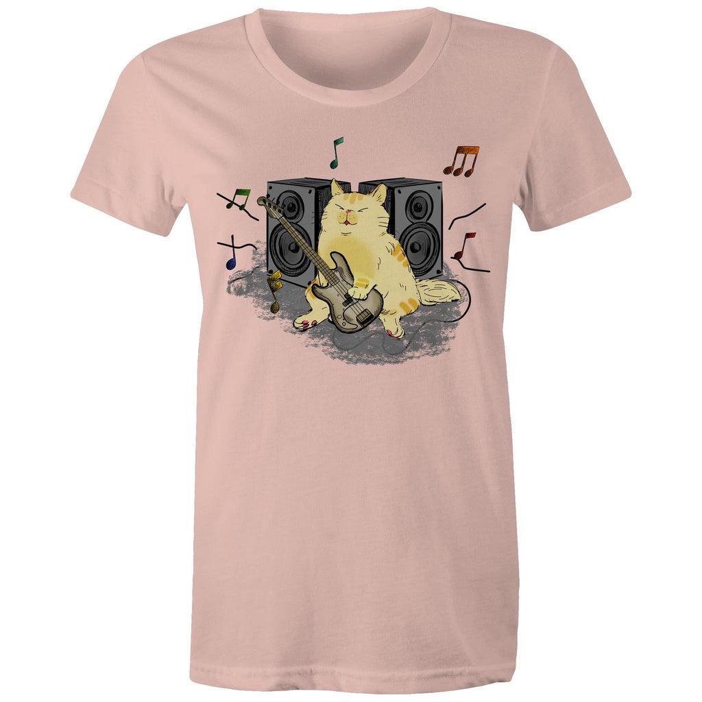 Cat Bass Player - Womens T-shirt Pale Pink Womens T-shirt animal Music Printed In Australia