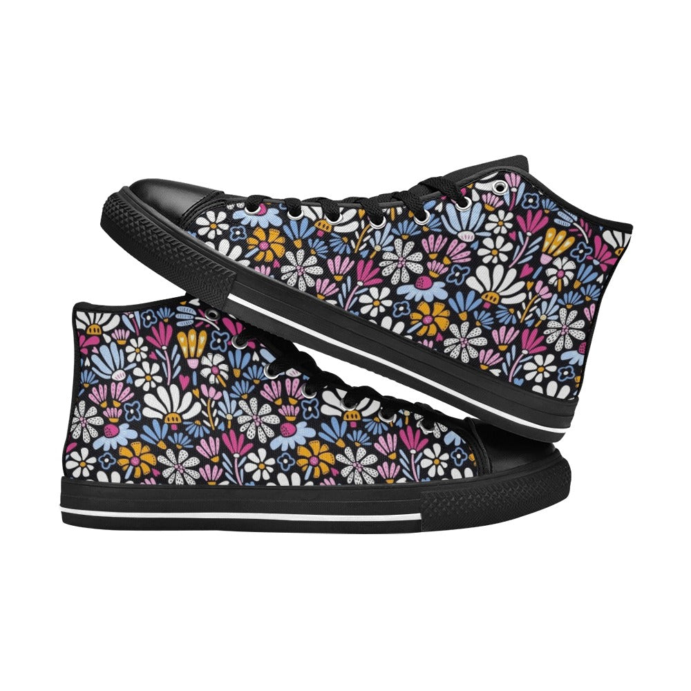 Graphic Flowers On Black Kids High Top Canvas Shoes