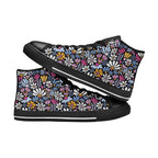 Graphic Flowers On Black Kids High Top Canvas Shoes