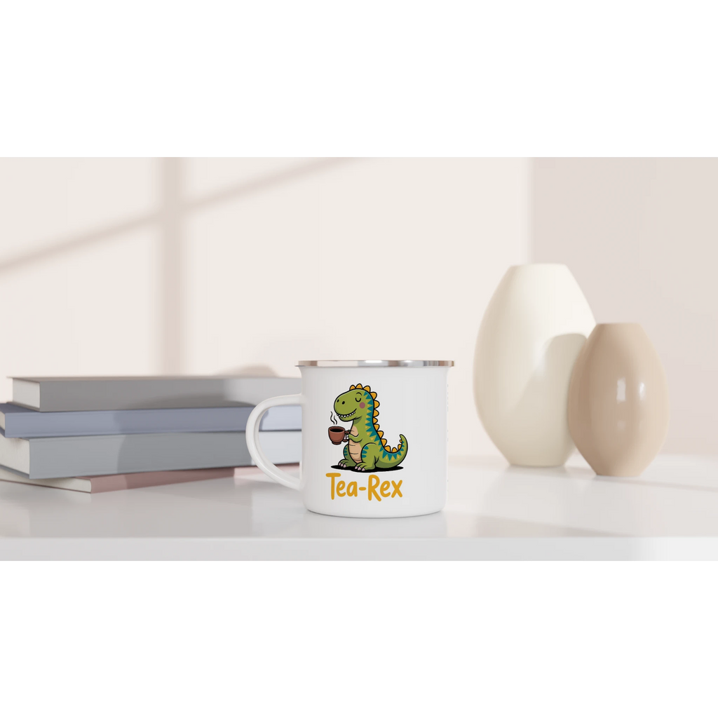 Personalised Tea-Rex, Tea Drinking Dinosaur White 12oz Enamel Mug Personalised Enamel Mug Globally Fulfilled Tea