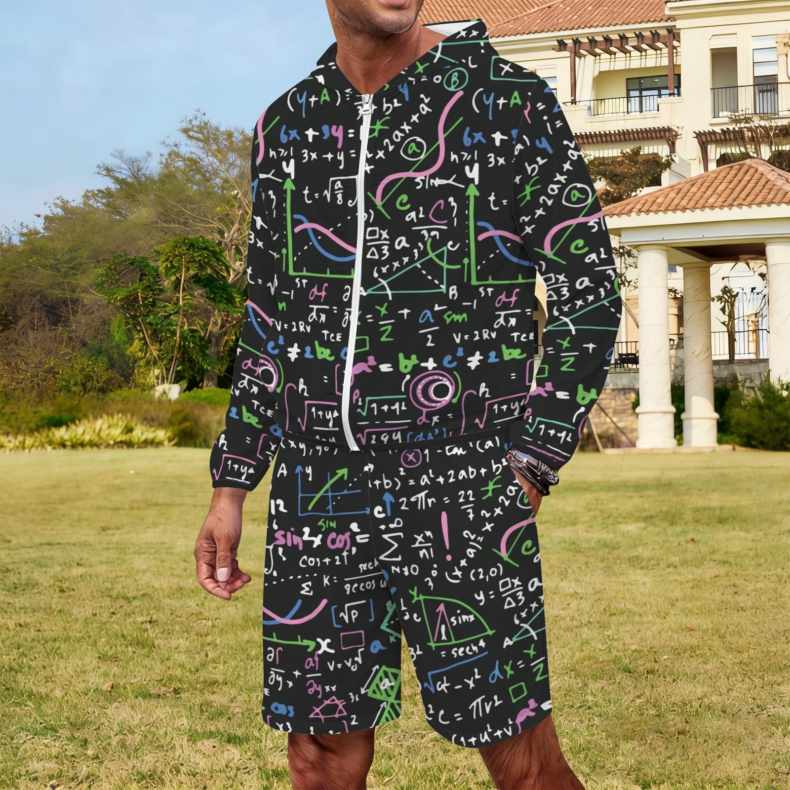 Equations In Green And Pink Men's Lightweight Sun Hoodie & Shorts Set Men's Lightweight Sun Hoodie & Shorts Maths Printed Offshore