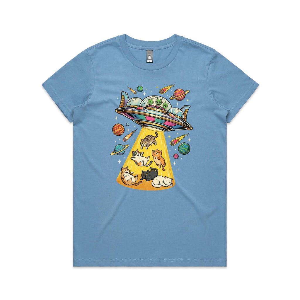 UFO Cat Abduction Women's AS Colour T-shirt Carolina Blue Womens T-shirt animal Printed In Australia Sci Fi
