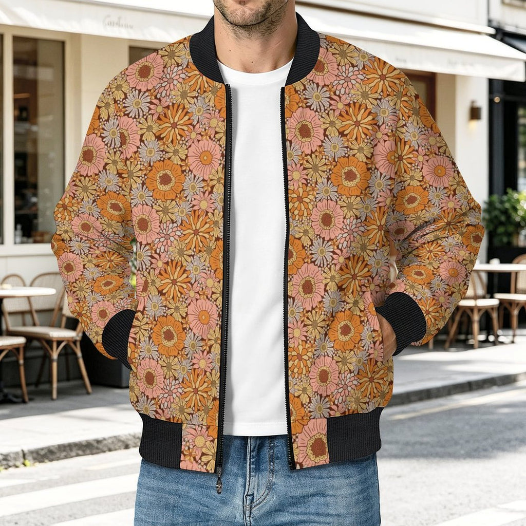 Orange Retro Floral Men's Casual Zip‑Up Bomber Jacket