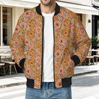 Orange Retro Floral Men's Casual Zip‑Up Bomber Jacket