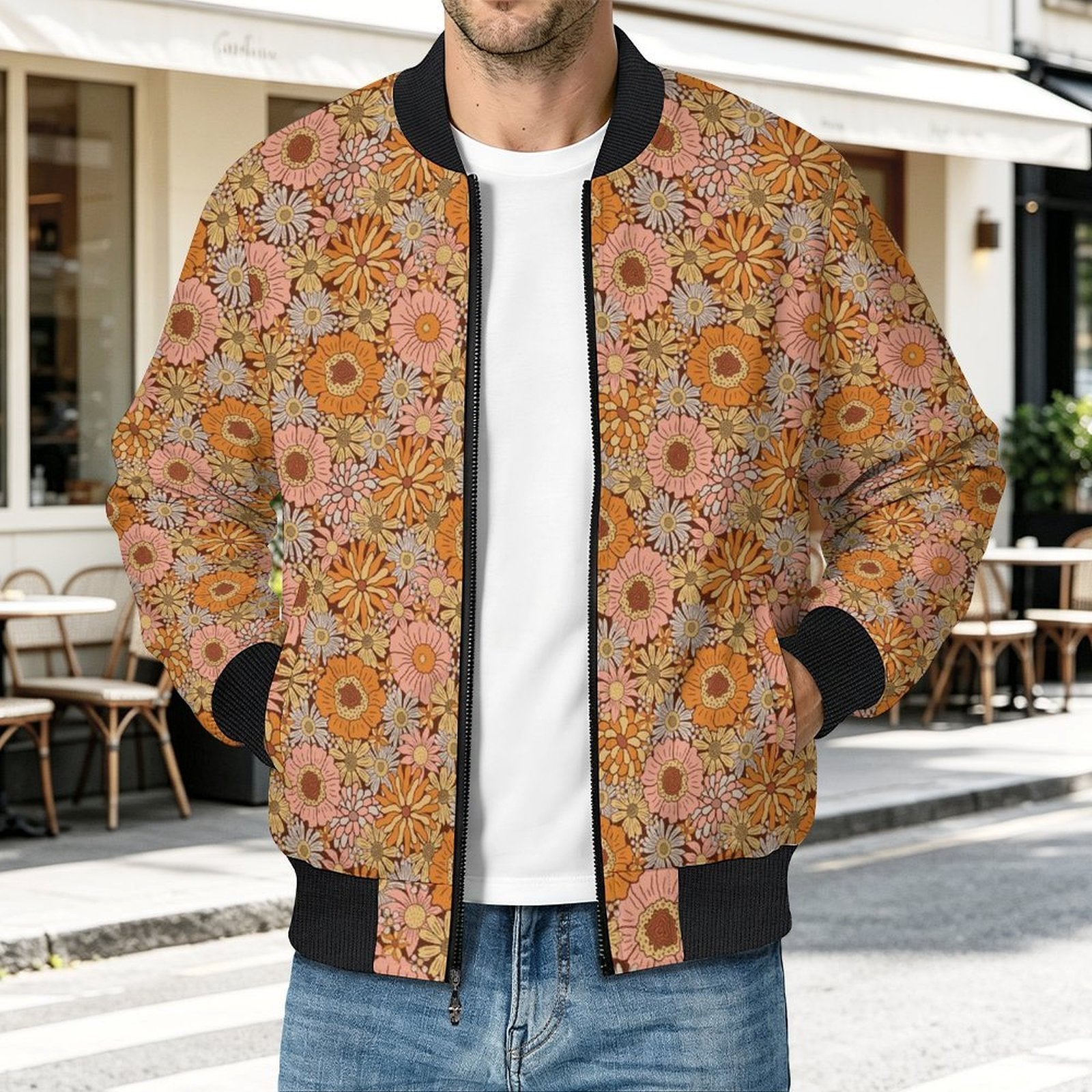Orange Retro Floral Men's Casual Zip‑Up Bomber Jacket