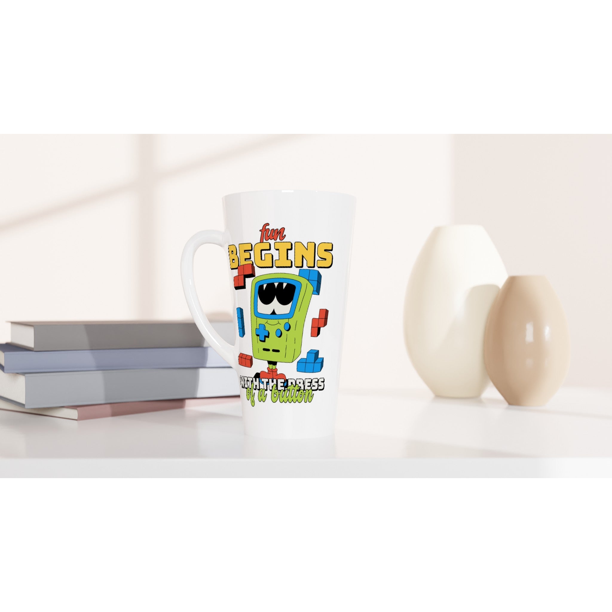 Fun Begins With The Press Of A Button - White Latte 17oz Ceramic Mug Latte Mug Games Globally Fulfilled