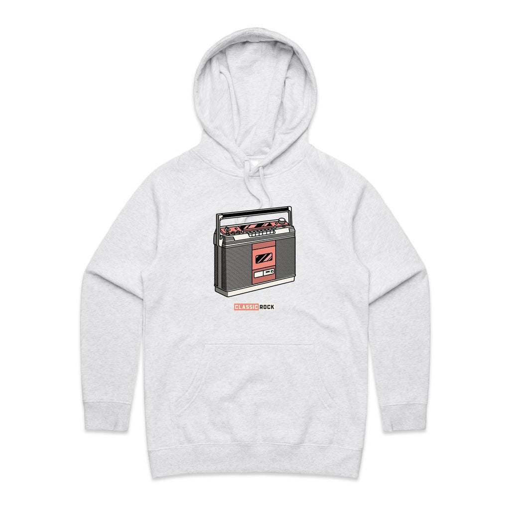 Classic Rock, Cassette Player - Womens Hoodie White Marle Womens Hoodie Music Printed In Australia