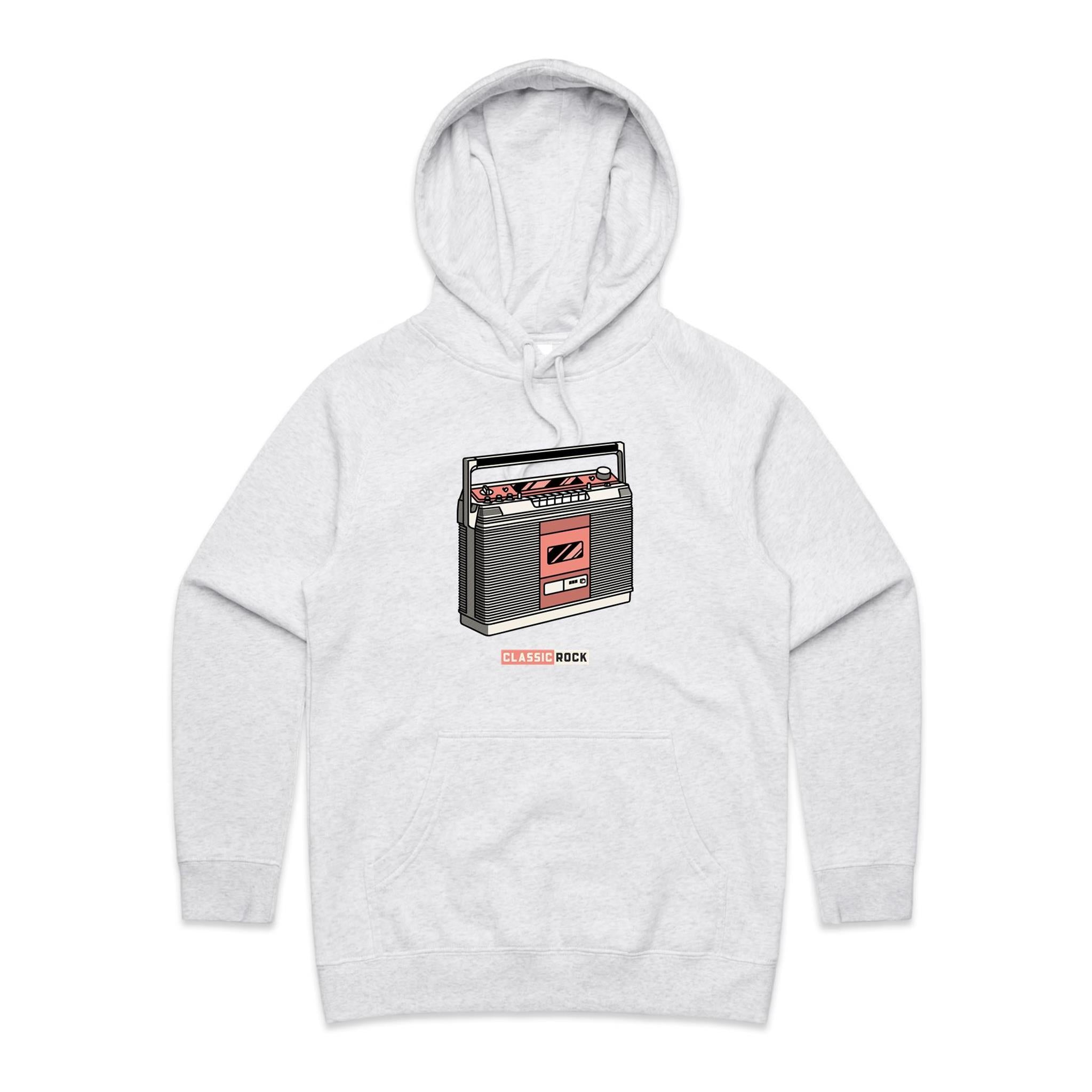 Classic Rock, Cassette Player - Womens Hoodie White Marle Womens Hoodie Music Printed In Australia