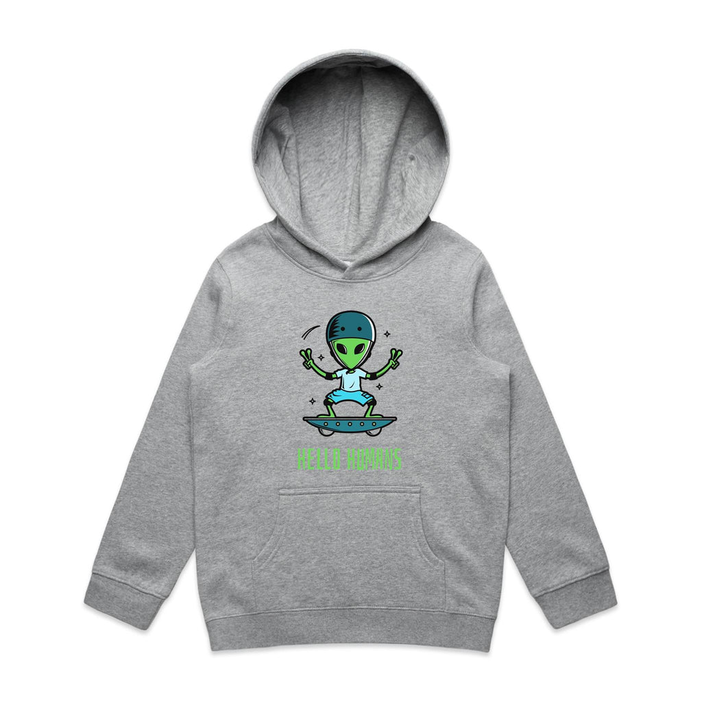 Alien Skate, Hello Humans - Kids Hoodie Grey Marle Kids Hoodie Printed In Australia