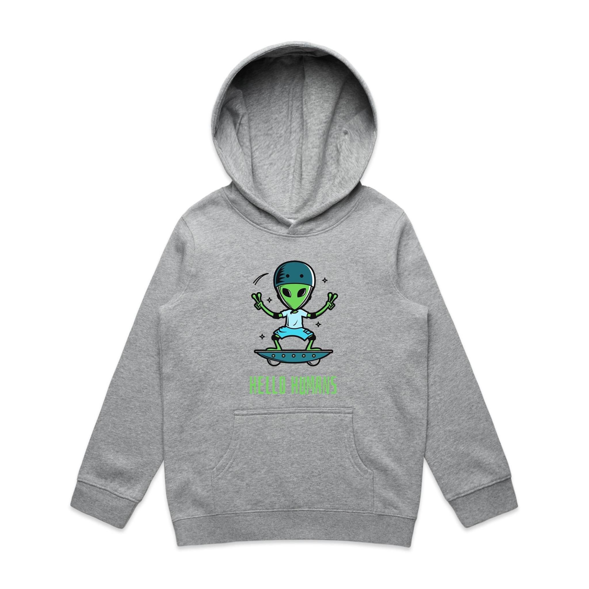Alien Skate, Hello Humans - Kids Hoodie Grey Marle Kids Hoodie Printed In Australia