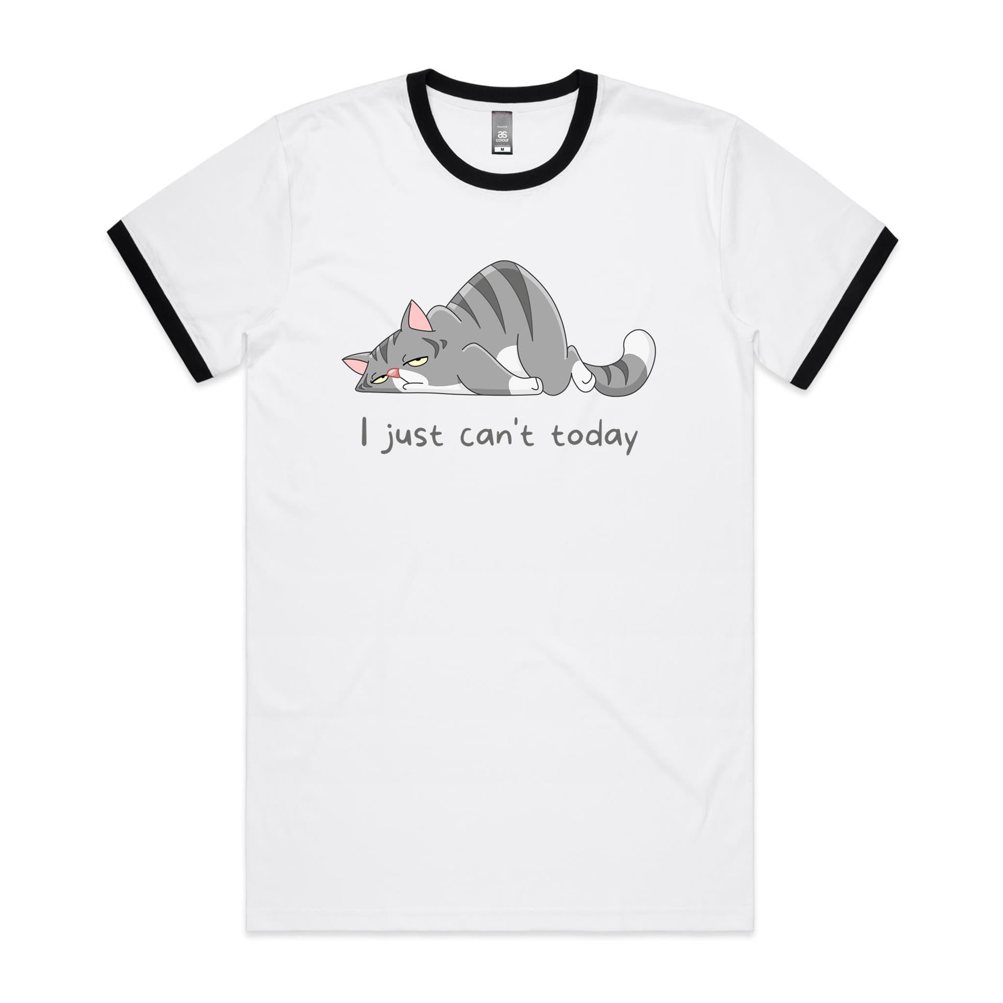 Cat, I Just Can't Today - Staple Ringer Tee White Black Ringer T-Shirt animal Printed In Australia