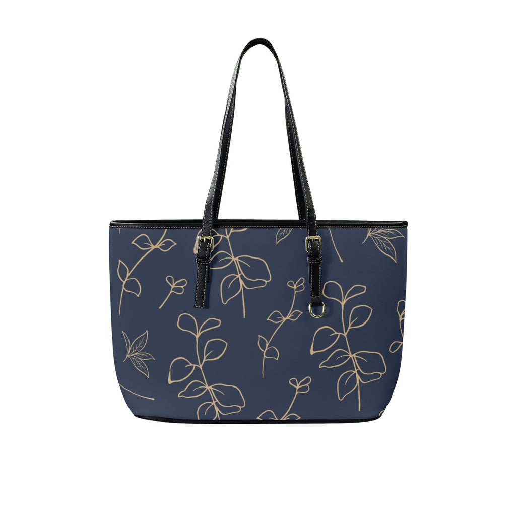 Gold Flowers On Navy - Leather Tote Bag-Large