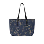 Gold Flowers On Navy - Leather Tote Bag-Large