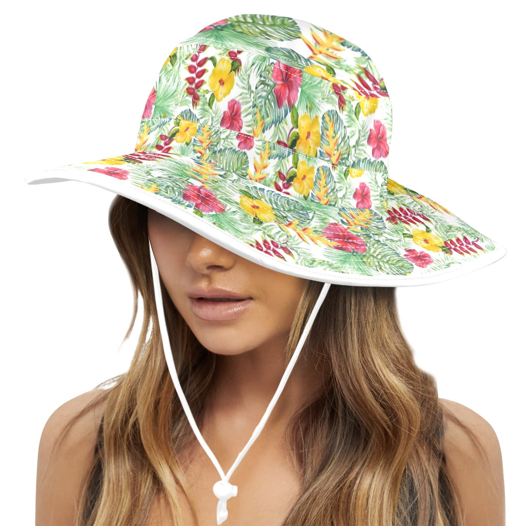 Tropical Flowers On White Wide Brim Bucket Hat Wide Brim Bucket Hat Plants Printed Offshore