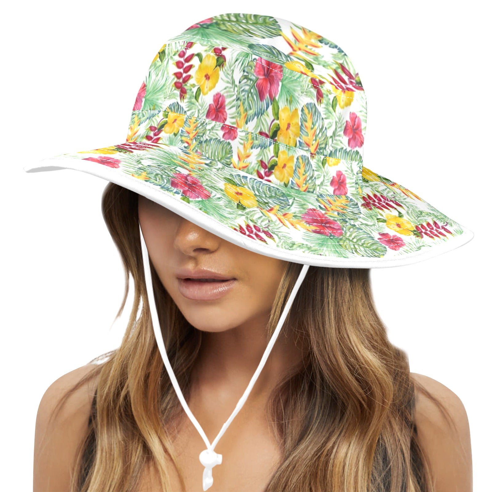 Tropical Flowers On White Wide Brim Bucket Hat Wide Brim Bucket Hat Plants Printed Offshore