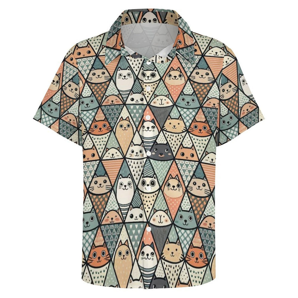 Diamond Cat Pattern Women's Short-Sleeve Button Up Shirt Women's Short-Sleeve Button Up Shirt animal Printed Offshore