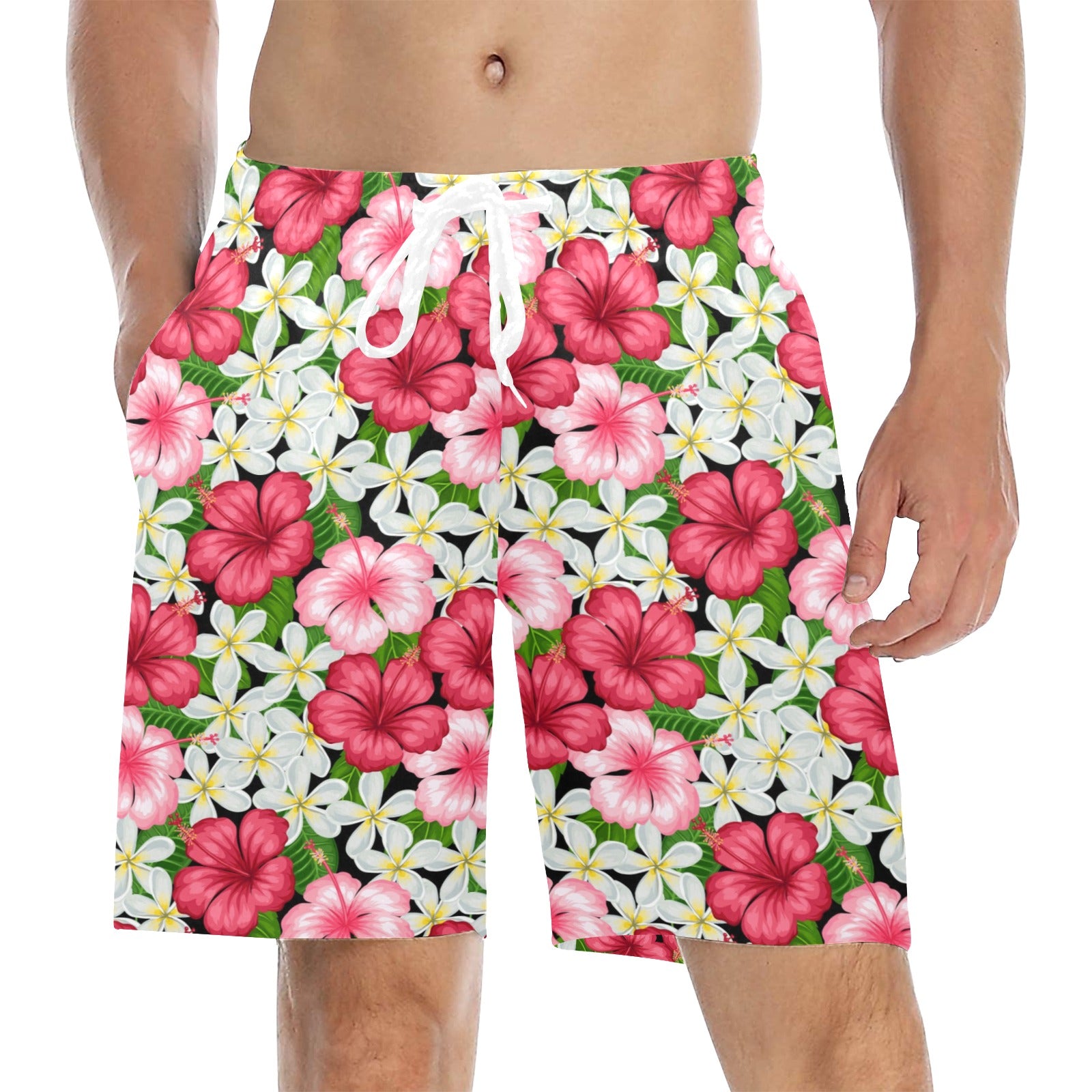 Hibiscus Men's Mid-Length Beach Shorts 5XL Men's Mid-Length Beach Shorts Plants Printed Offshore