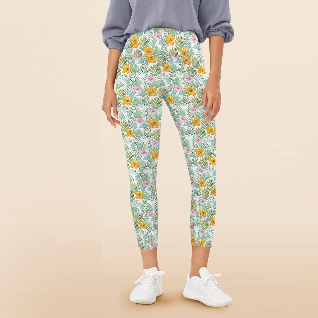 Tropical Flowers And Leaves Women's High Waist Pockets Yoga Leggings 5XL Women's High Waist Pockets Yoga Leggings Plants Printed Offshore