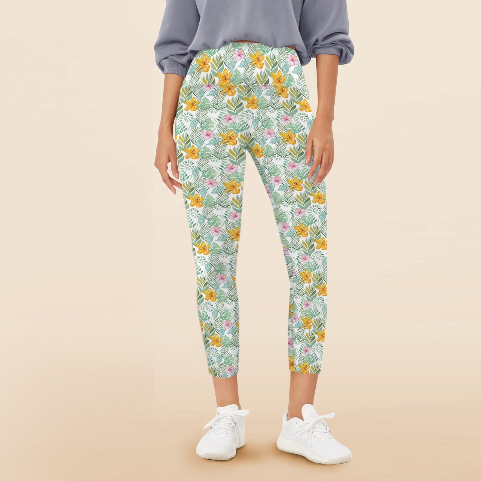 Tropical Flowers And Leaves Women's High Waist Pockets Yoga Leggings 5XL Women's High Waist Pockets Yoga Leggings Plants Printed Offshore