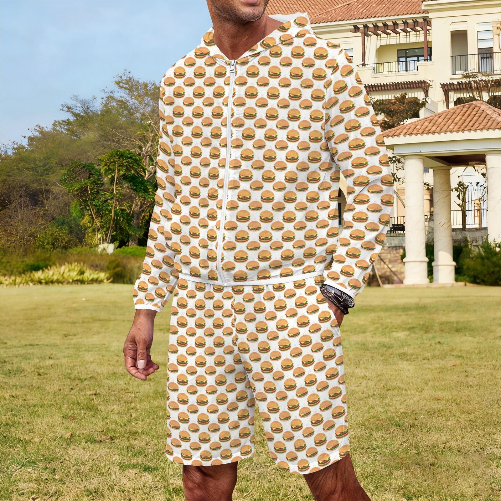Hamburgers on White Men's Lightweight Sun Hoodie & Shorts Set Men's Lightweight Sun Hoodie & Shorts Food Printed Offshore