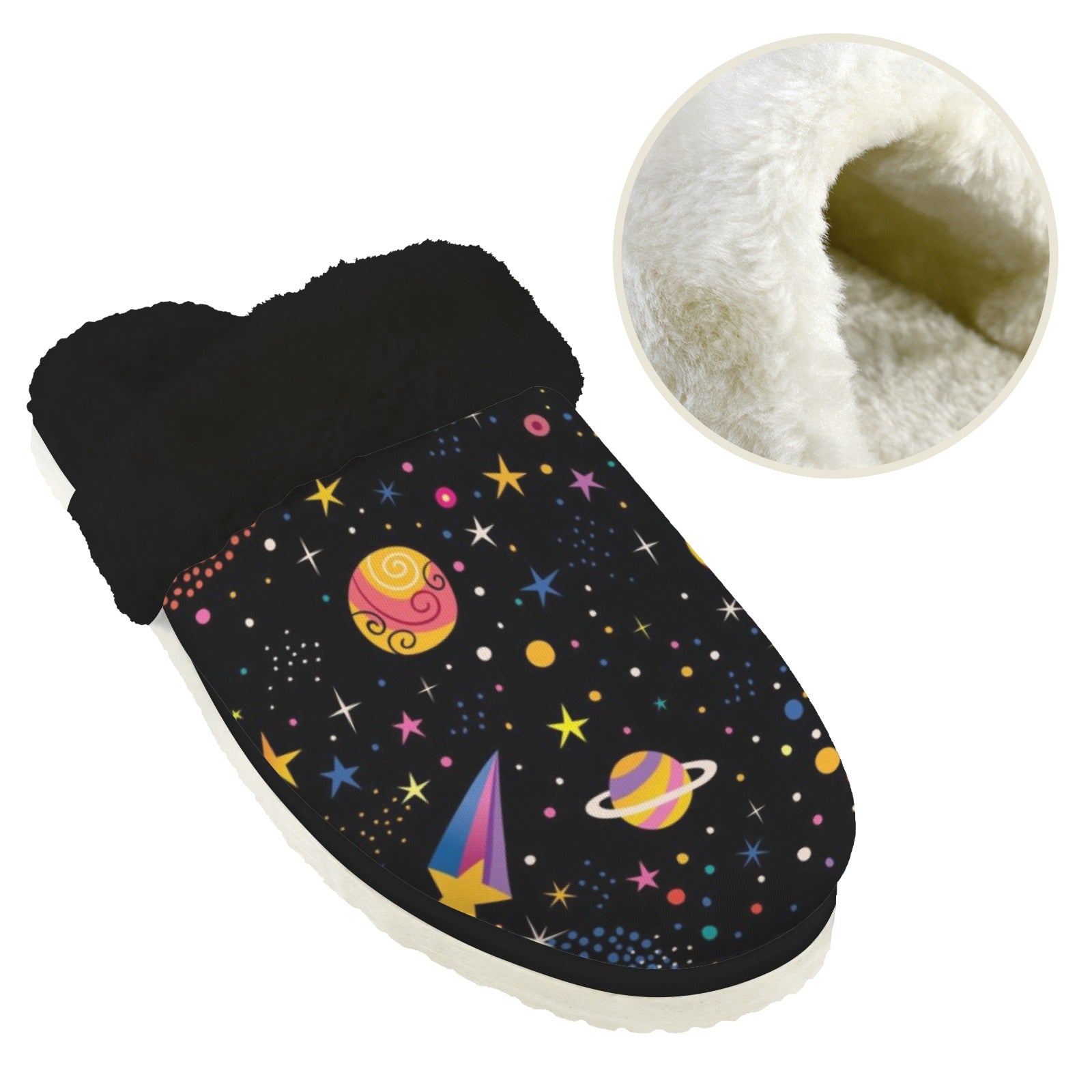 Space Men's Fur Trim Thick-Sole Indoor Slippers Men's Fur Trimmed Slippers Printed Offshore Space