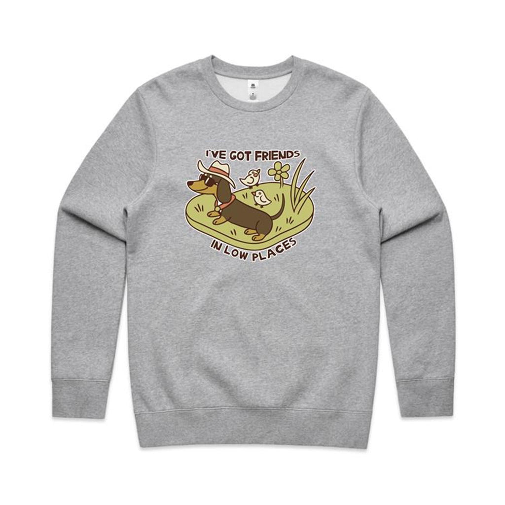 Dachshund, I've Got Friends In Low Places AS Colour Stencil Crew Sweatshirt Unisex Grey Marle Sweatshirt animal Printed In Australia