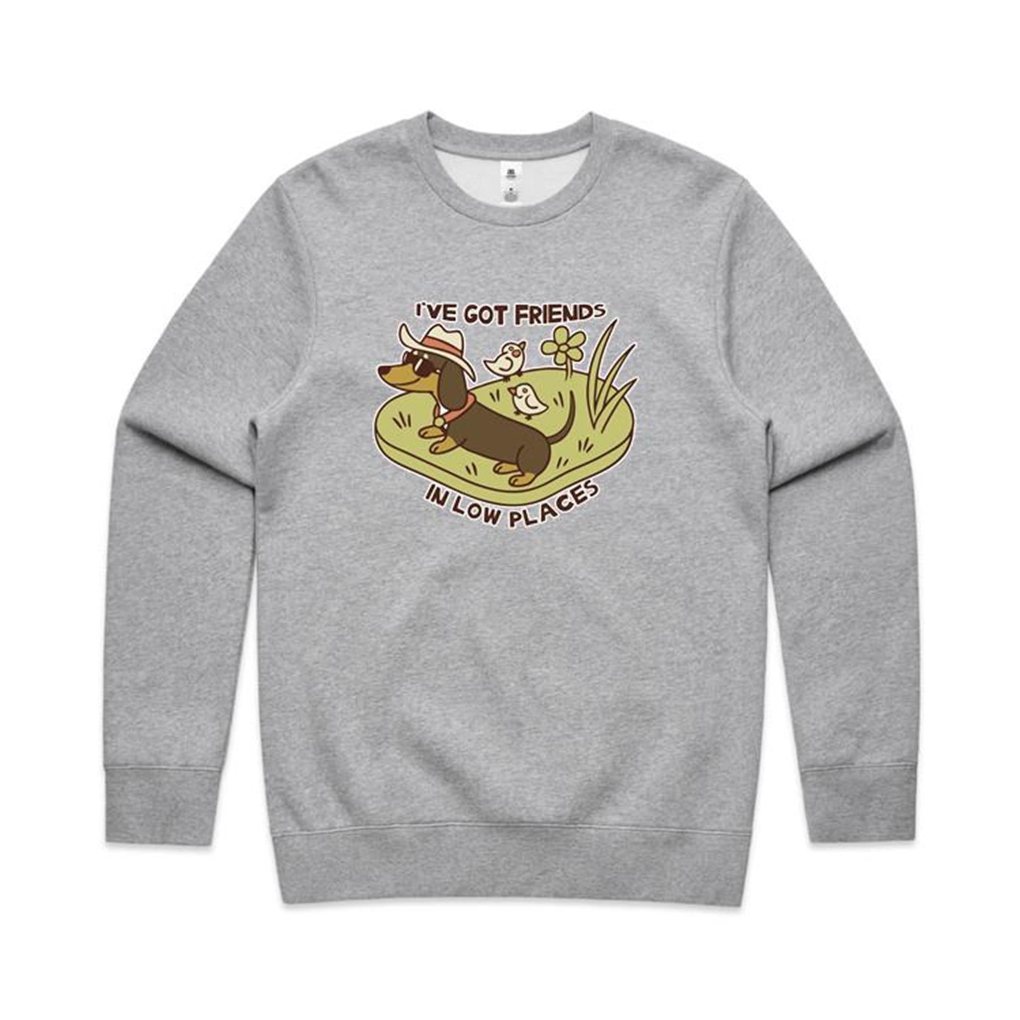 Dachshund, I've Got Friends In Low Places AS Colour Stencil Crew Sweatshirt Unisex Grey Marle Sweatshirt animal Printed In Australia