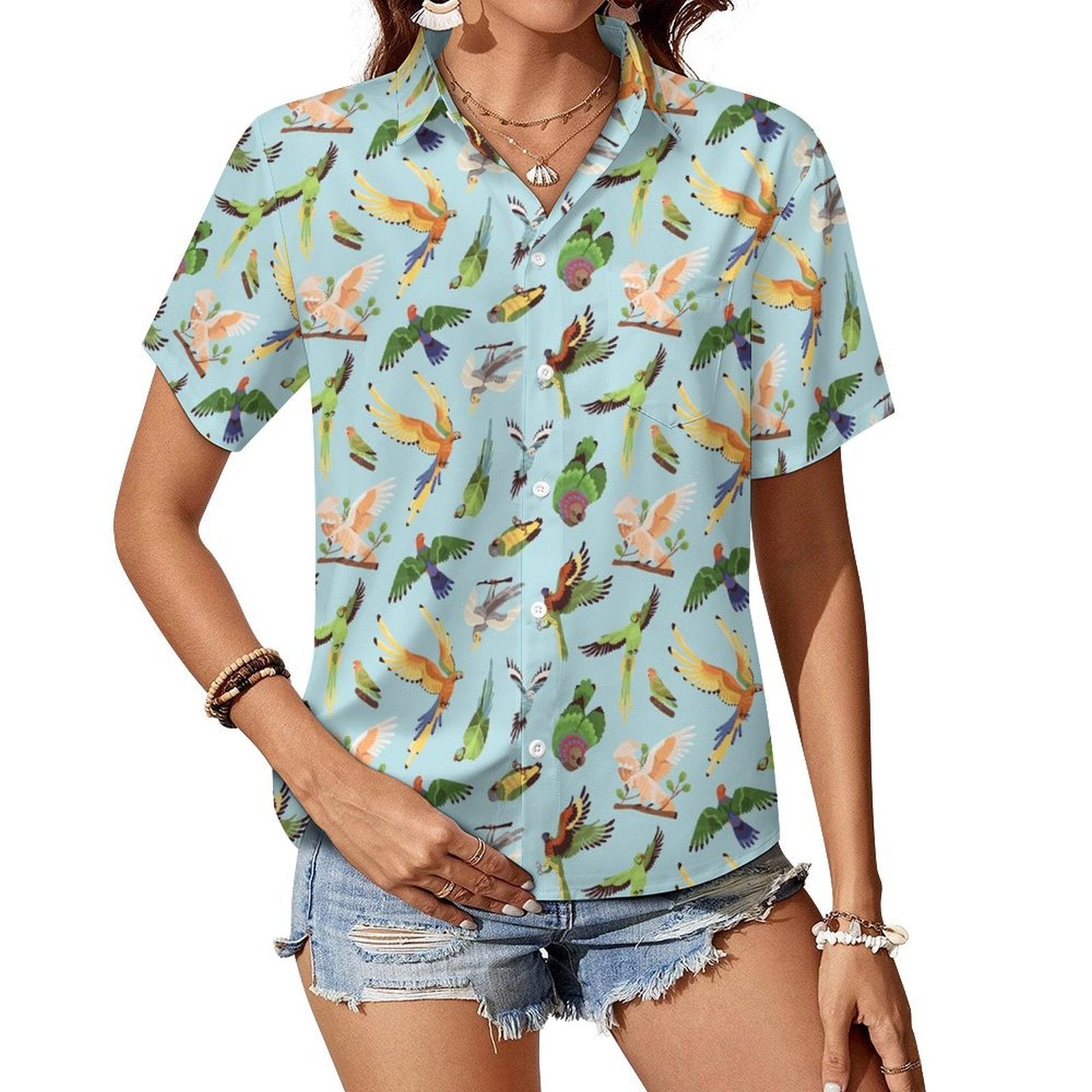 Parrots Women's Short-Sleeve Button Up Shirt white Women's Short-Sleeve Button Up Shirt animal Birds Printed Offshore